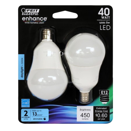 Feit Electric Feit Enhance A15 E12 (Candelabra) LED Bulb Daylight 40 Watt Equivalence 2 pk BPA1540C950CA2